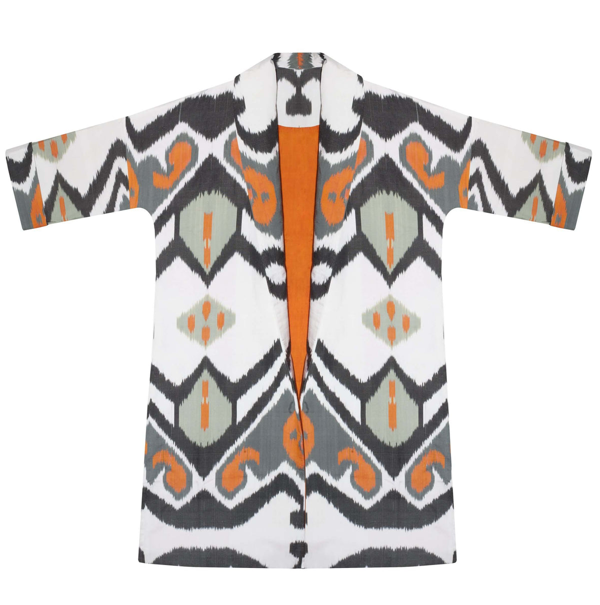 Katharina silk coat full length front view — Aleksandra Viktor sustainably handcrafted luxury ikat garment