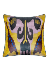 Celena luxury ikat silk pillow case by Aleksandra Viktor — pure silk handwoven in vibrant blue Uzbek ikat pattern 60x60cm