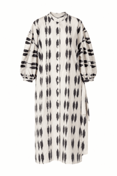 Tarima luxury ikat cotton dress styled — Aleksandra Viktor handwoven cotton maxi dress in traditional Central Asian ikat design