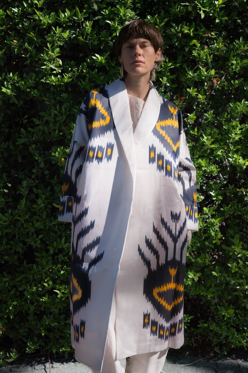 Tatjana Luxury Ikat Silk Coat — Handwoven with Matching Belt
