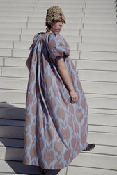 Dagmar luxury ikat cotton maxi dress worn front — model wearing Aleksandra Viktor handwoven cotton dress in rich ikat pattern