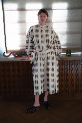 Tarima luxury ikat cotton dress worn side — Aleksandra Viktor bespoke handwoven cotton dress, sustainably crafted in Uzbekistan