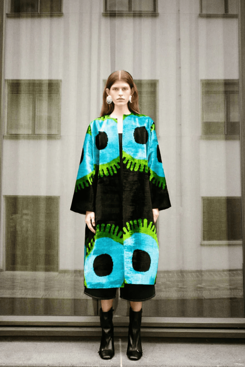 Deborah luxury ikat velvet silk coat by Aleksandra Viktor — handwoven in 80% silk and 20% cotton