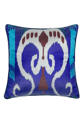 Gesa luxury ikat silk pillow case by Aleksandra Viktor — pure silk handwoven in vibrant blue Uzbek ikat pattern 60x60cm