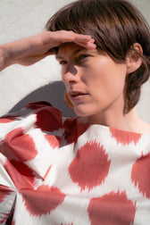 Mafalda luxury ikat cotton blouse worn outdoors — Aleksandra Viktor handwoven cotton blouse in traditional Central Asian ikat design