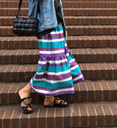 Berenika luxury ikat silk skirt worn — model wearing Aleksandra Viktor handwoven silk skirt, sustainably crafted in Uzbekistan