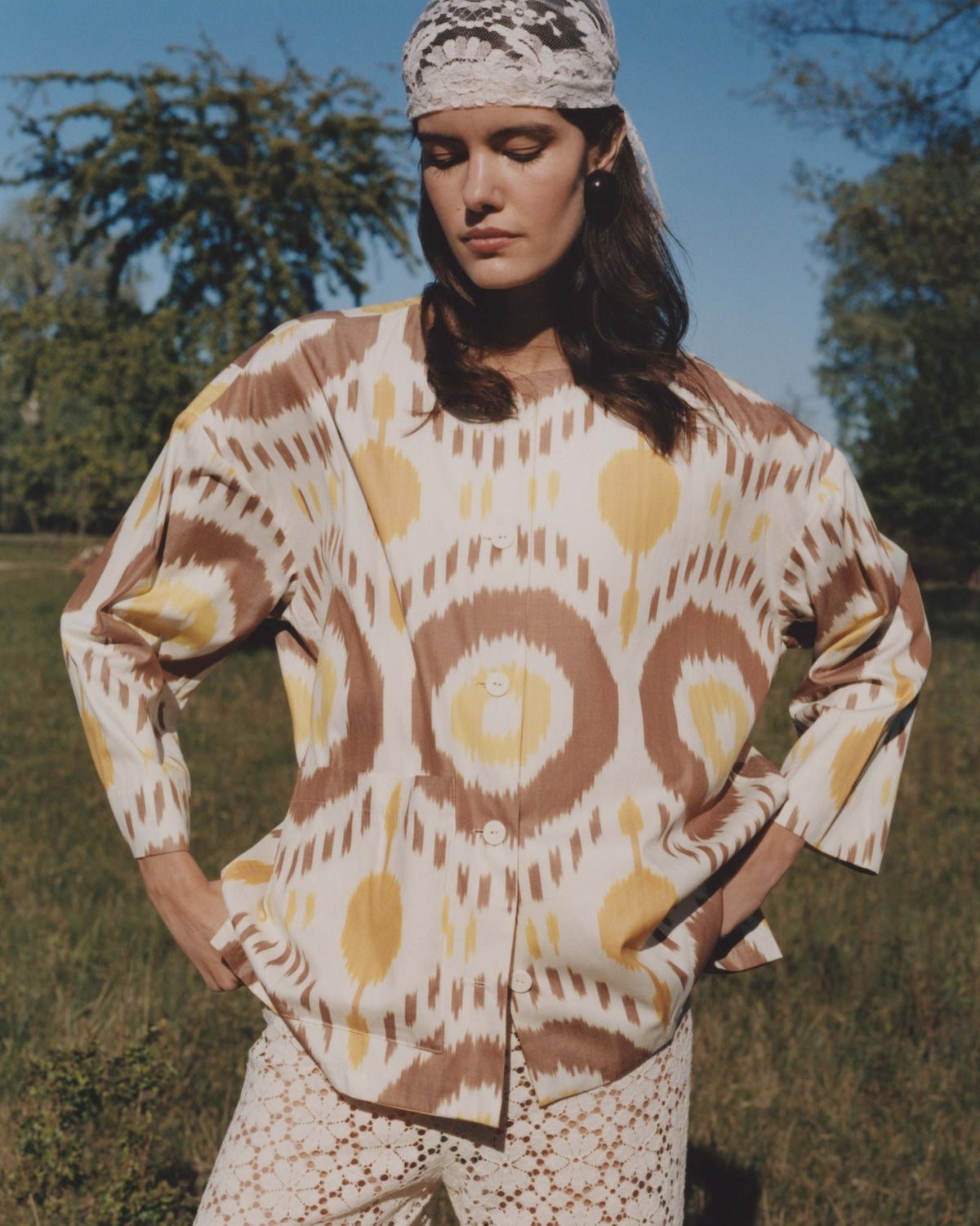 Lara luxury ikat cotton overshirt by Aleksandra Viktor — handwoven breathable cotton in traditional Central Asian pattern