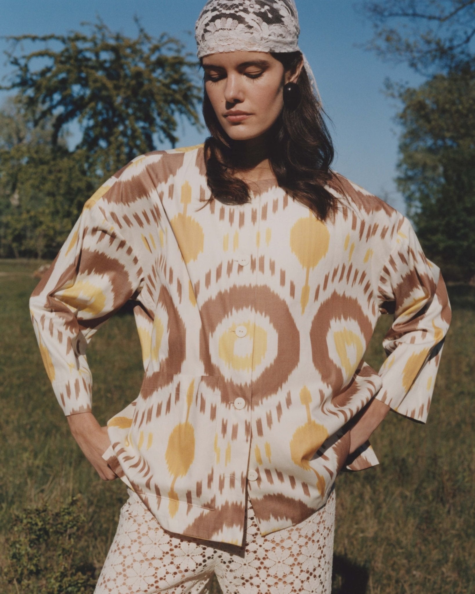 Lara luxury ikat cotton overshirt by Aleksandra Viktor — handwoven breathable cotton in traditional Central Asian pattern
