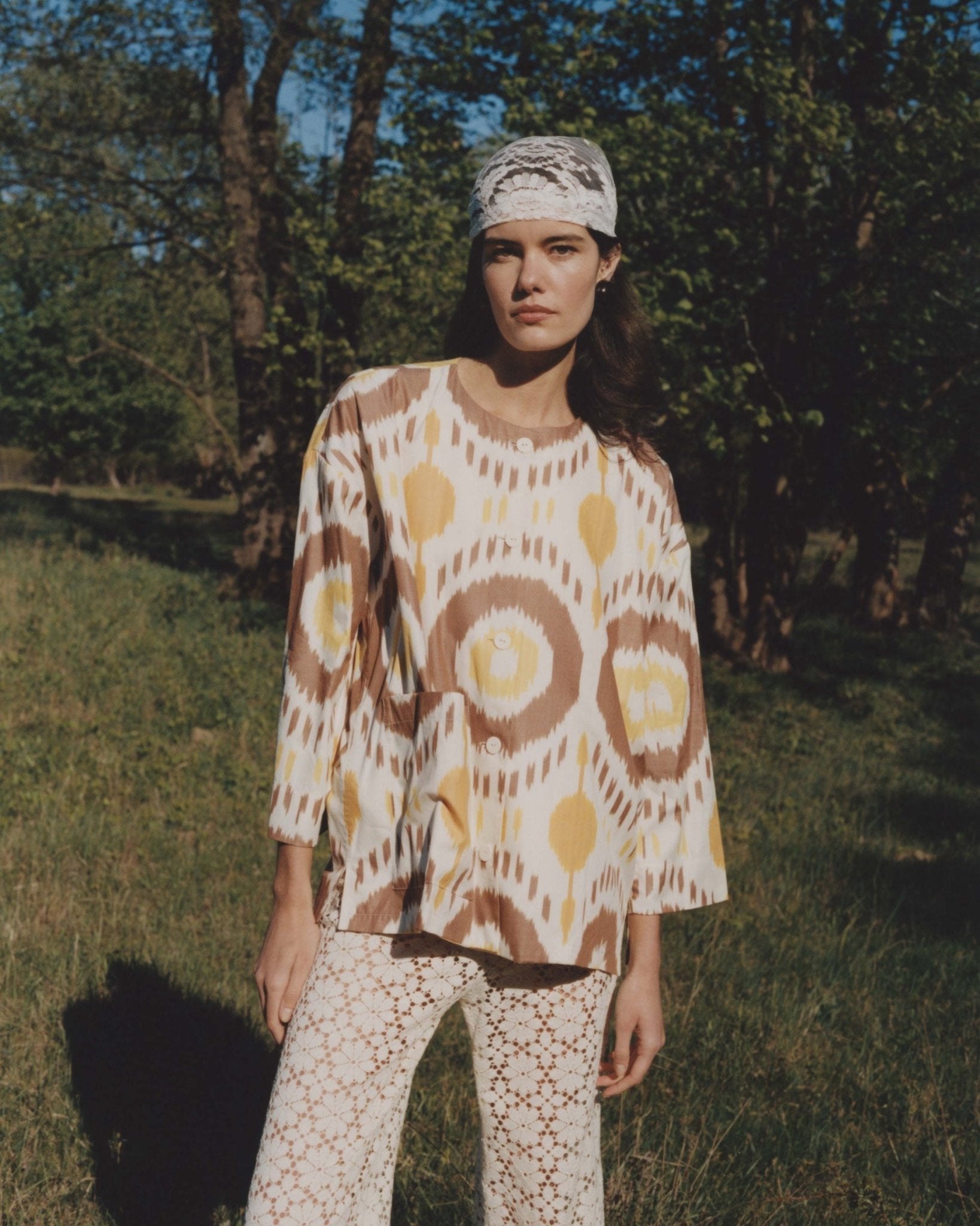 Lara overshirt front view — Aleksandra Viktor exclusively tailored ikat silk shirt