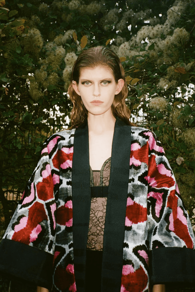Marjorie luxury ikat silk coat by Aleksandra Viktor — handwoven velvet short coat in traditional Central Asian pattern