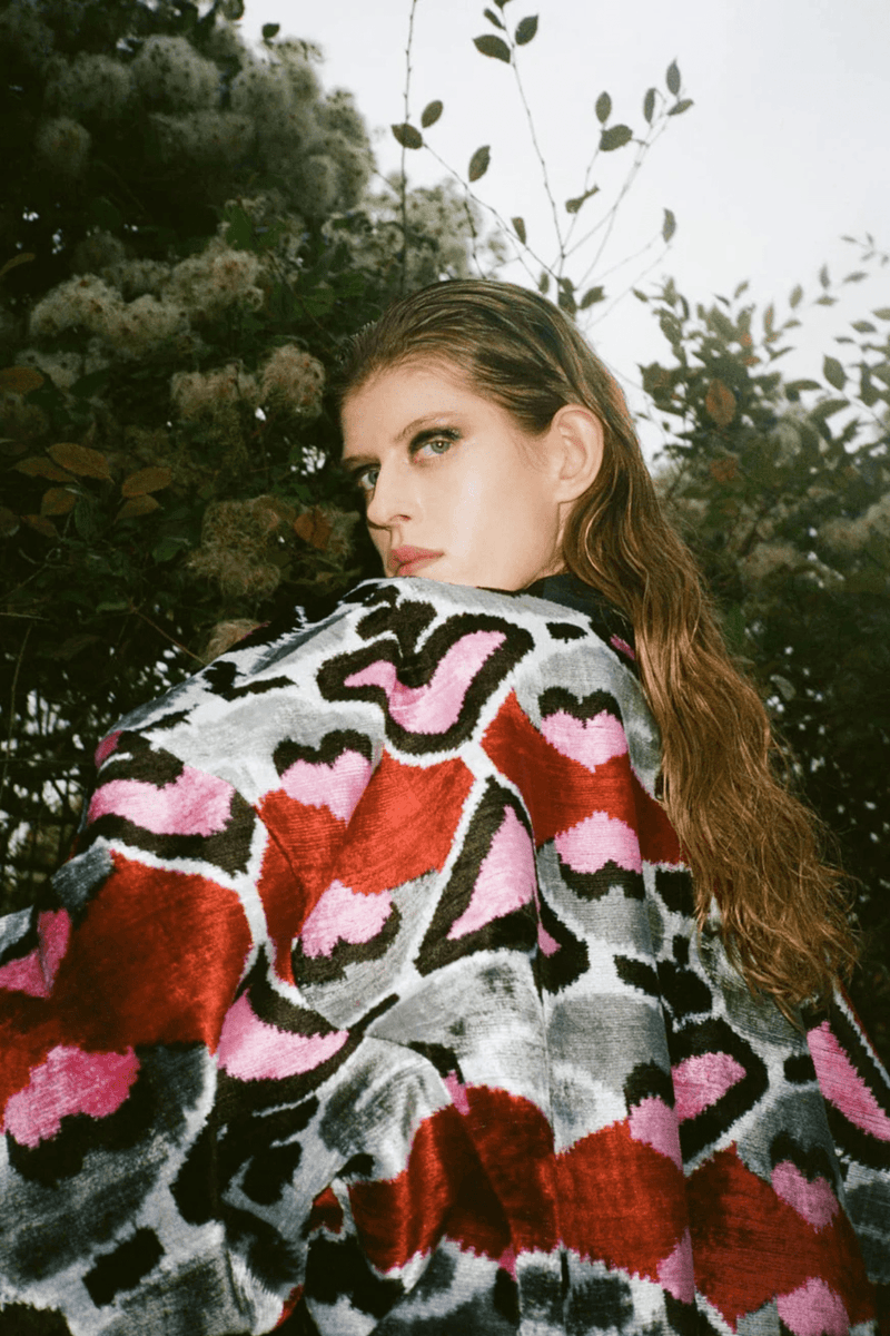 Marjorie luxury ikat silk short coat full length — Aleksandra Viktor handcrafted ikat outerwear