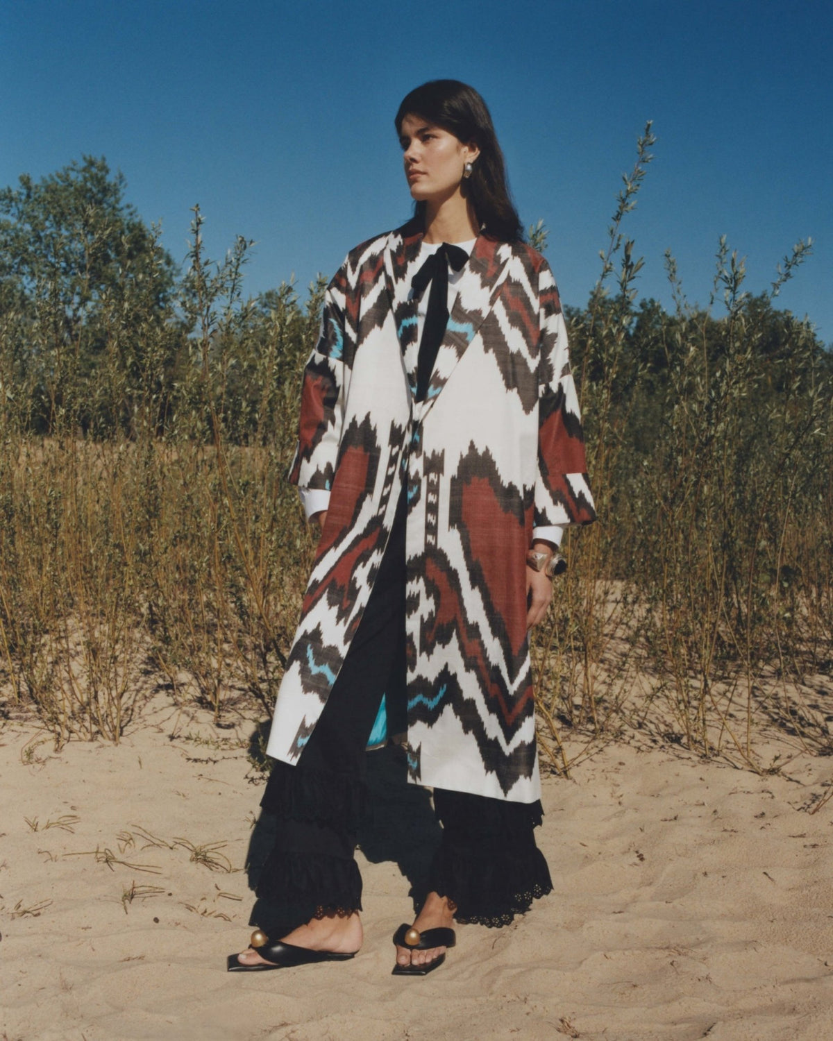 Nela luxury ikat silk coat by Aleksandra Viktor — handwoven in 50% silk and 50% cotton with matching belt