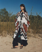 Nela luxury ikat silk coat by Aleksandra Viktor — handwoven in 50% silk and 50% cotton with matching belt