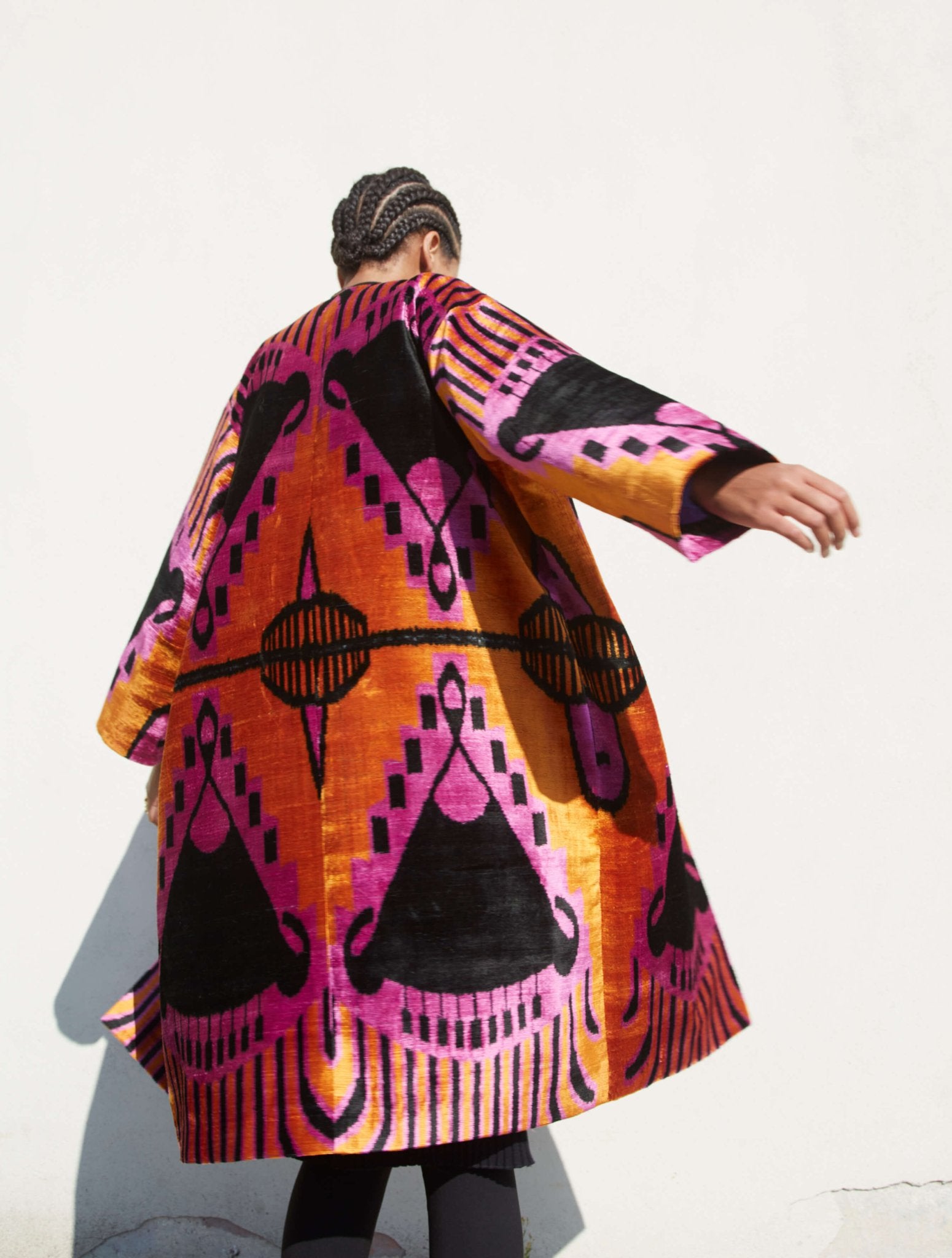 Anushka velvet silk coat back view — Aleksandra Viktor bespoke handwoven velvet ikat coat with silk lining