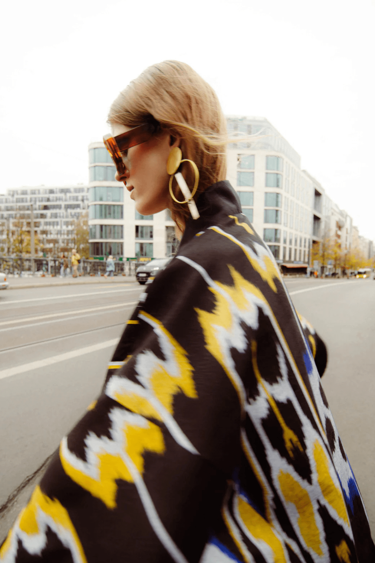 Zuza short coat side view — Aleksandra Viktor luxury ikat outerwear in natural dyed silk and cotton