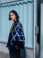Eva ikat velvet jacket by Aleksandra Viktor — royal blue handwoven velvet ikat with white lattice pattern and navy trim