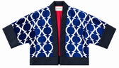 Eva ikat velvet silk jacket flat lay — royal blue velvet ikat with white lattice, navy trim and red lining, Aleksandra Viktor