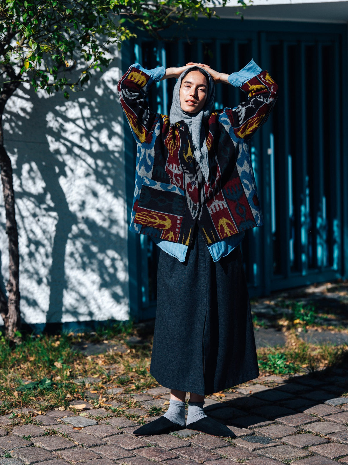 Jana ikat jacket by Aleksandra Viktor — handwoven Uzbek ikat in burgundy, black, blue and mustard, boxy short jacket