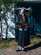 Jana ikat jacket by Aleksandra Viktor — handwoven Uzbek ikat in burgundy, black, blue and mustard, boxy short jacket