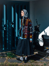 Jana ikat jacket side view — vertical ikat bands with button front, Aleksandra Viktor Berlin