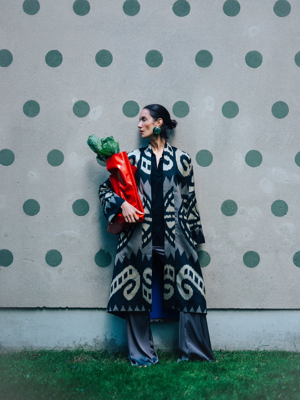 Laura ikat coat worn open — monochrome handwoven ikat coat, Aleksandra Viktor Berlin