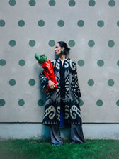 Laura ikat coat worn open — monochrome handwoven ikat coat, Aleksandra Viktor Berlin