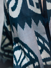 Laura ikat coat fabric close-up — feathered edges of handwoven ikat