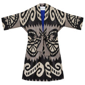 Laura ikat coat flat lay with belt — black, ecru and grey handwoven ikat with royal blue lining, Aleksandra Viktor