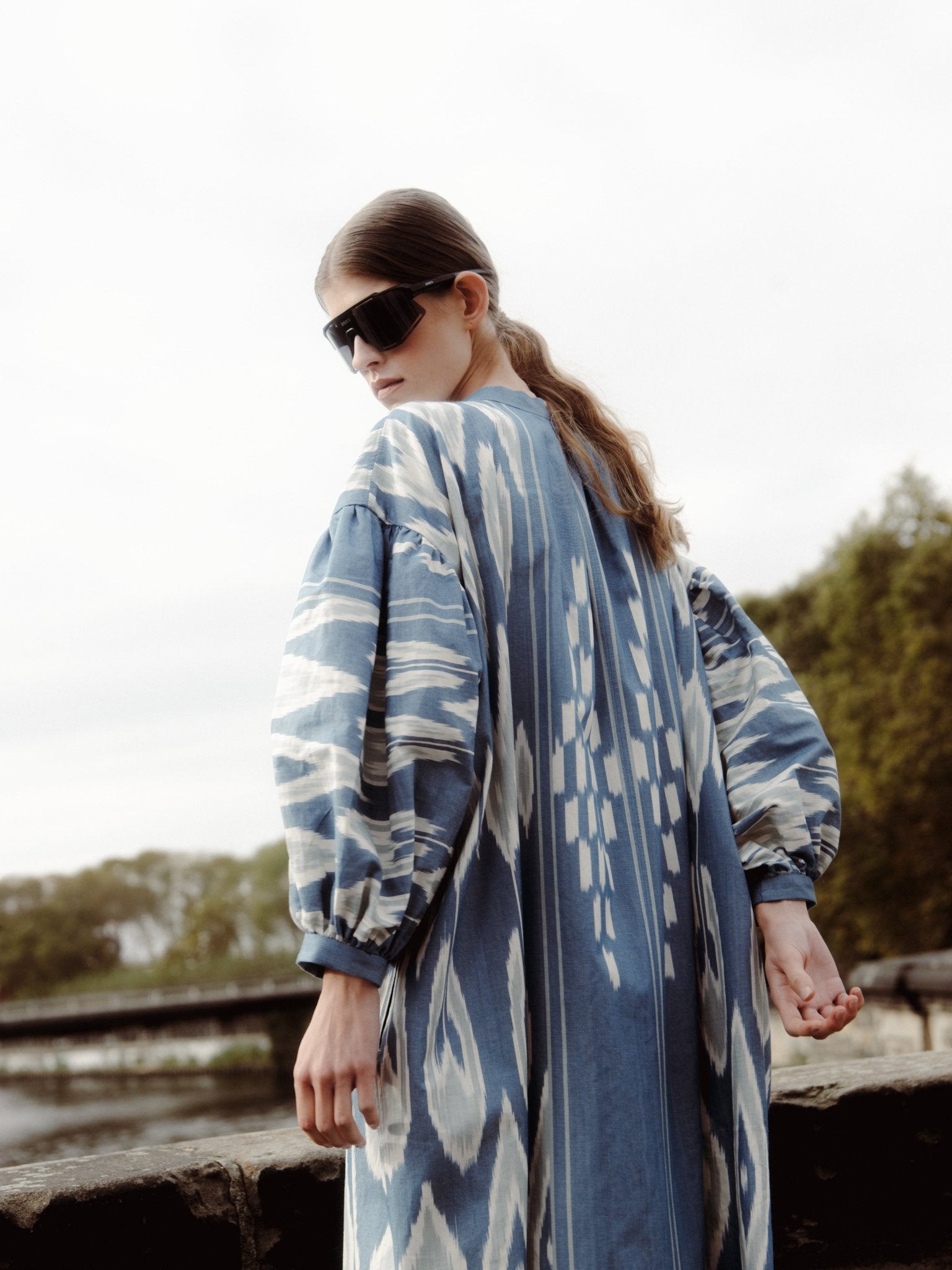 Victoria dress back view — Aleksandra Viktor bespoke handwoven ikat dress in natural dyed silk