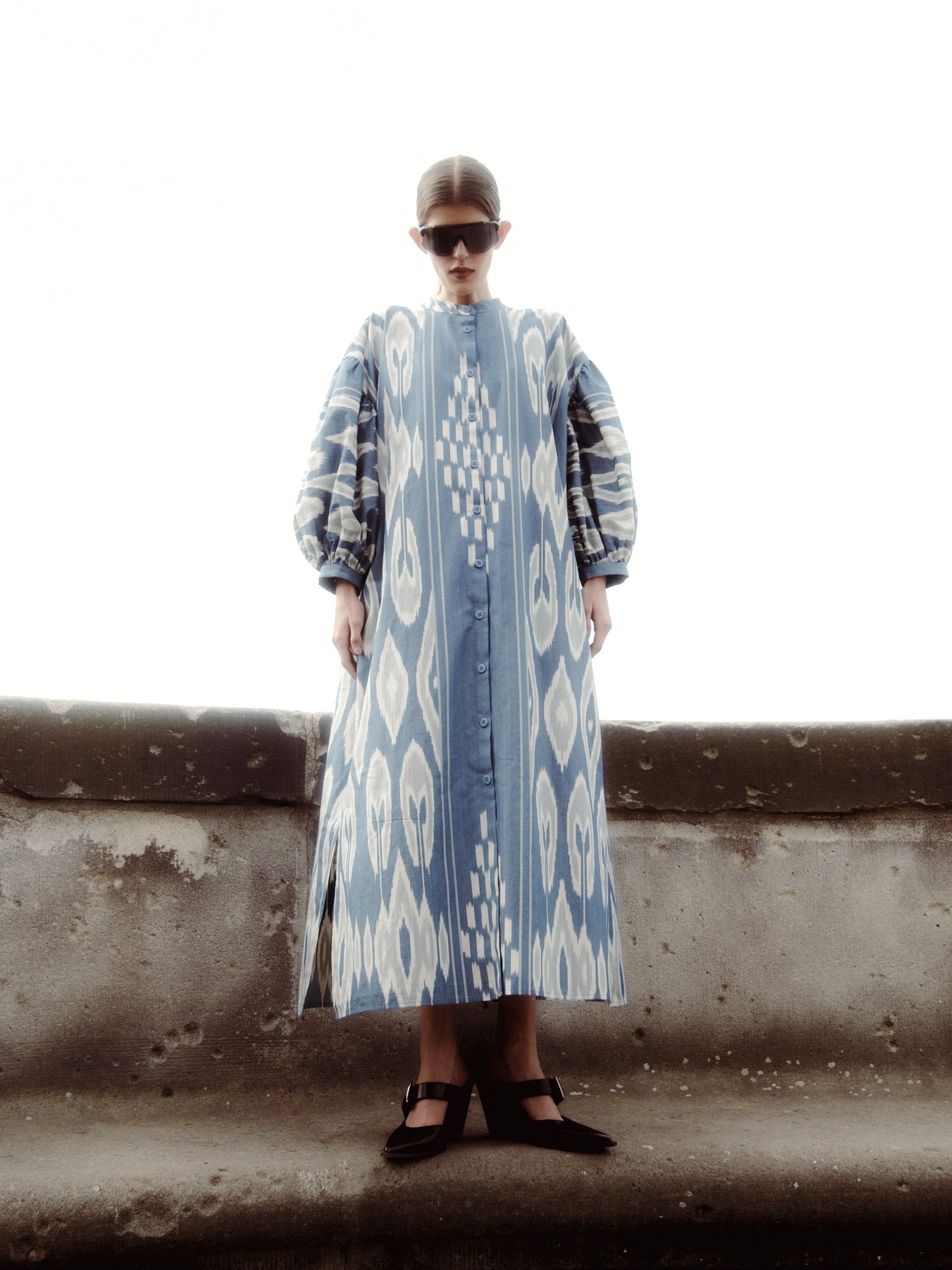 Victoria luxury ikat cotton dress by Aleksandra Viktor — handwoven puffy sleeves in traditional Central Asian pattern