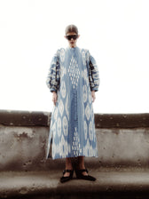Victoria luxury ikat cotton dress by Aleksandra Viktor — handwoven puffy sleeves in traditional Central Asian pattern