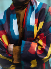 Roberta ikat coat close-up — handwoven ikat colours and collar detail