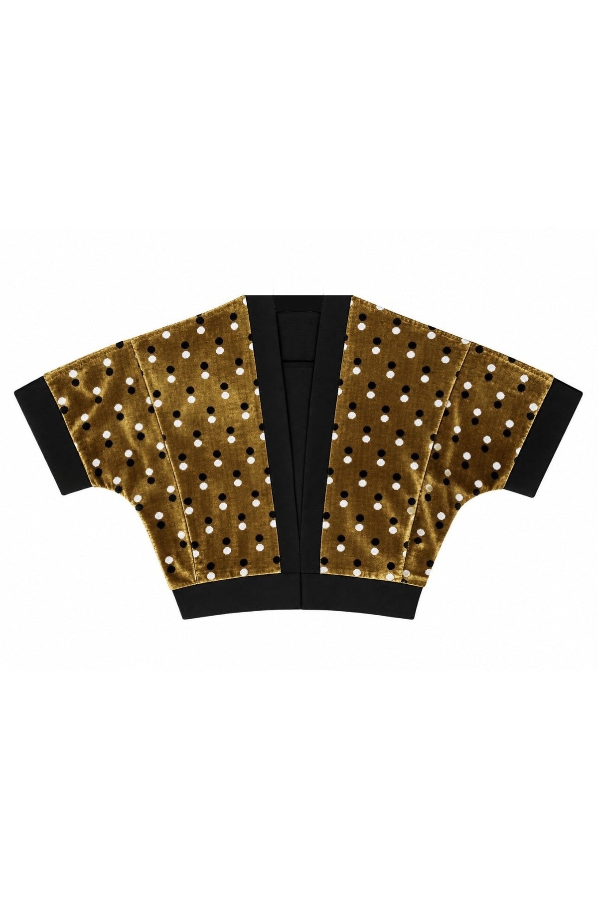 Suzanne Ikat Velvet Jacke – Flatlay, ausgebreitete Ansicht mit Ikat-Samt-Punktmuster in Gold, Schwarz und Weiß und schwarzer Rippstrick-Borte